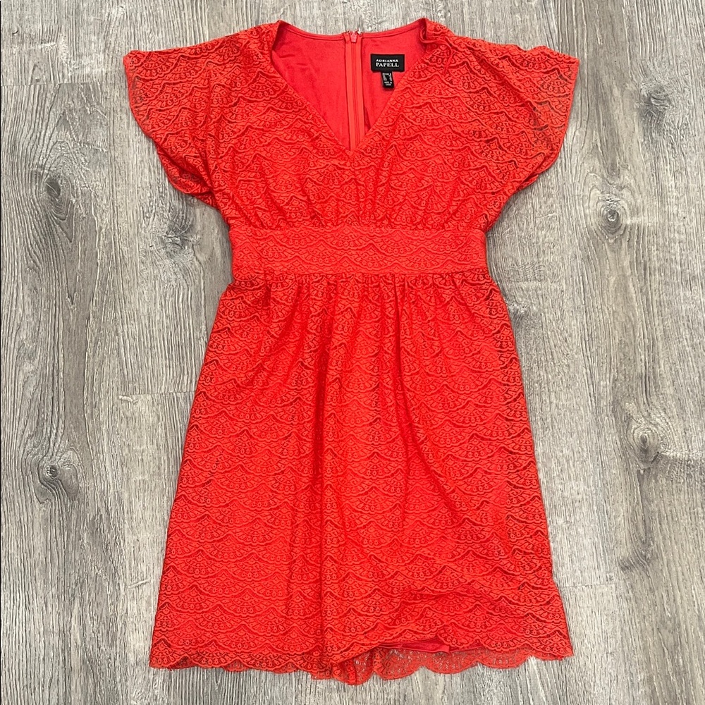 Adrianna Papell Red Lace V-Neck Dress with Flutter Detail